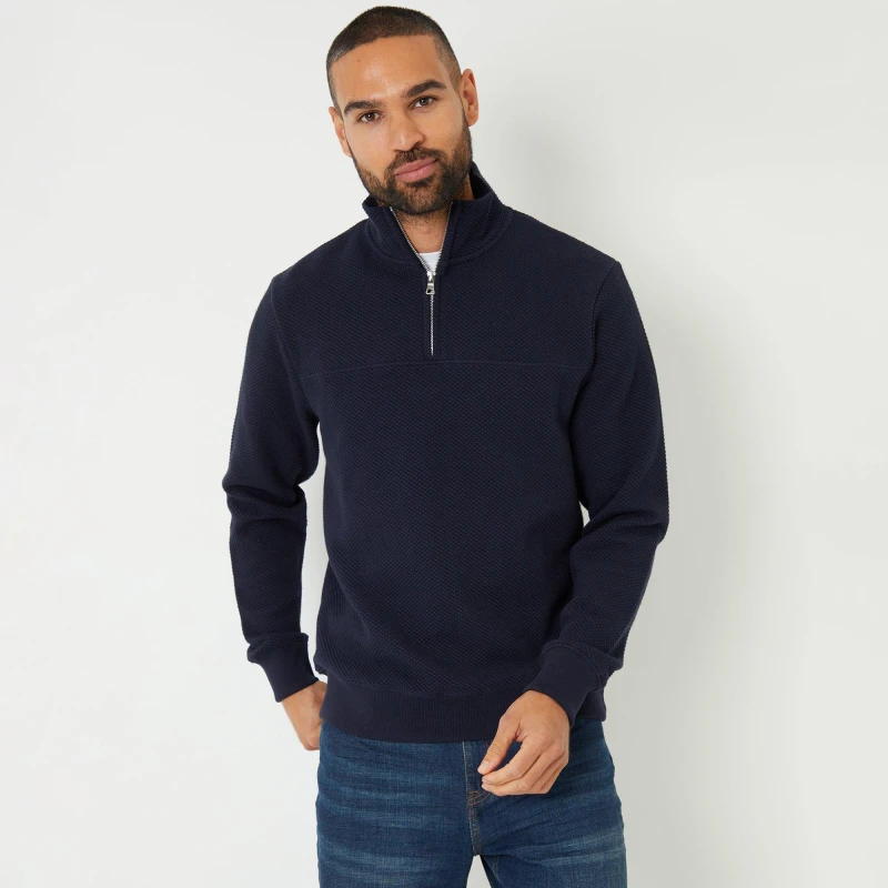Image of Threadbare Textured Quarter Zip Sweatshirt Navy
