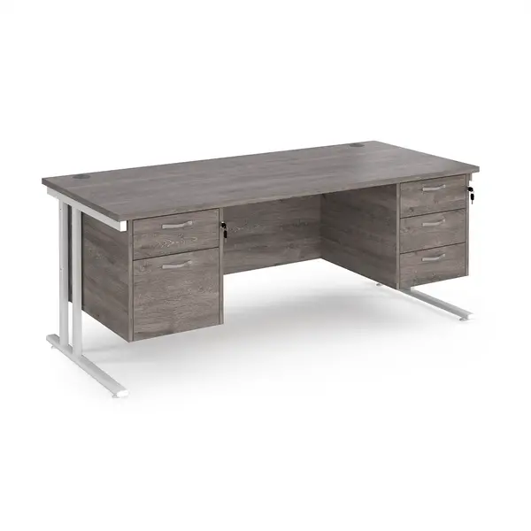 image of Maestro 25 straight desk 1800mm x 800mm with 2 and 3 drawer pedestals - white cantilever leg frame, grey oak top