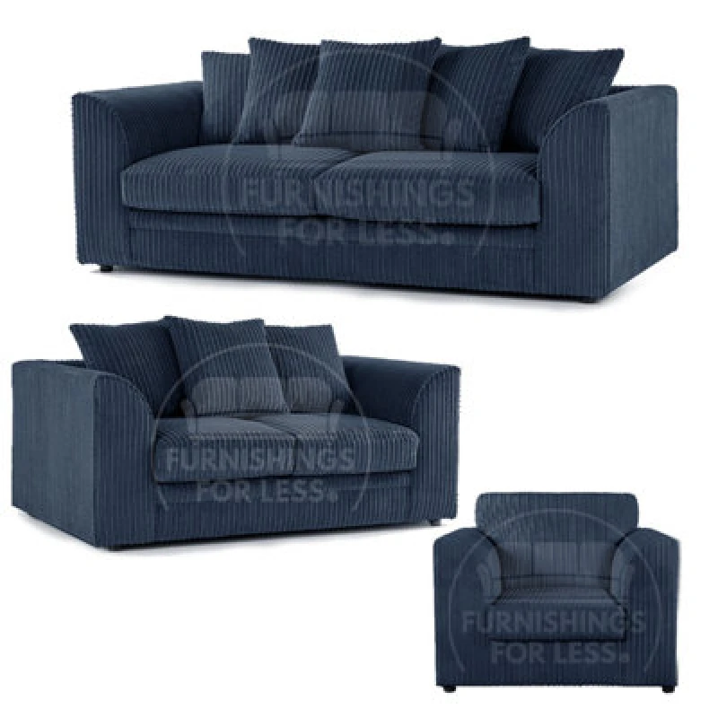 Image of Furnishings For Less UK Luxor Jumbo Cord 3 + 2 + 1 Fabric 3 Piece Sofa Suite - Scatter Back Navy Blue