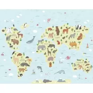 image of Childrens World Map Blue Wall Mural - 3.5m x 2.8m