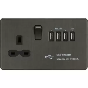 image of Screwless 13A Switched Socket with Quad USB charger (5.1A) - Smoked Bronze 230V IP20