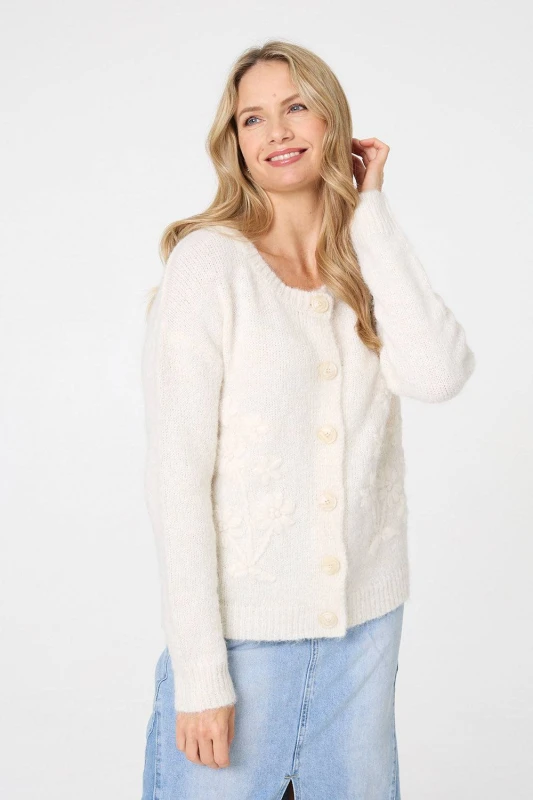 Image of Izabel London Womens Floral Embroidered Textured Cardigan in White Size: 10 White Female 10