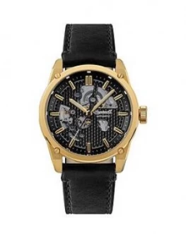 Image of Ingersoll Ingersoll The Carroll Black And Gold Detail Skeleton Automatic Dial Black Leather Strap Watch
