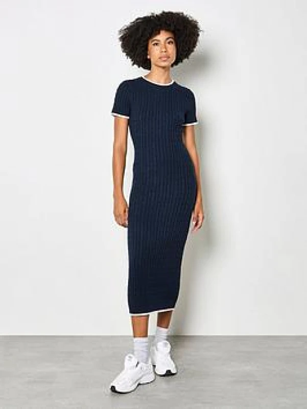 Image of Apricot Cable Knit Contrast Trim Midi Dress - Blue Blue WX4CC Female L,M,S,XL,XS,XXL