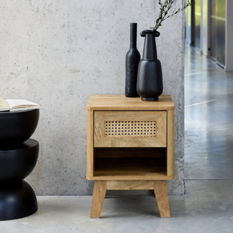 Image of sweeek Bedside Table With Drawer And Niche Wood And Cane Effect Light Brown