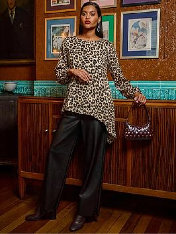 Image of Roman Womens Animal Print Metallic Top in Natural Size: 14 Natural Female 14