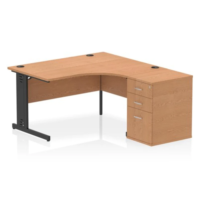 Image of Impulse Impulse 1400mm Right Crescent Office Desk Oak Top Black Cable Managed Leg Workstation 600 Deep Desk High Pedestal IWSRC146BCMOAK