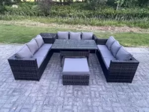 Fimous 9 Seater Outdoor Dark Grey Wicker Rattan Lounge Sofa Set with Patio Dining Table and Big Footstool