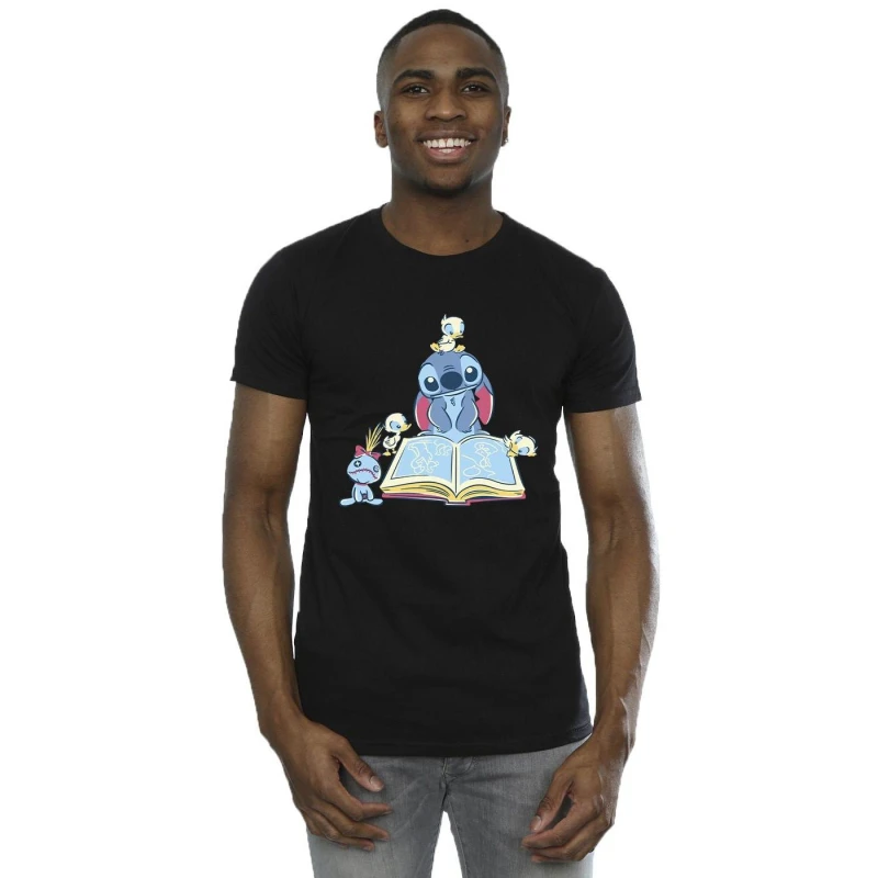Image of Disney Men Lilo & Stitch Reading A Book T-Shirt in Black Size: Small Black S Male 5063153495203