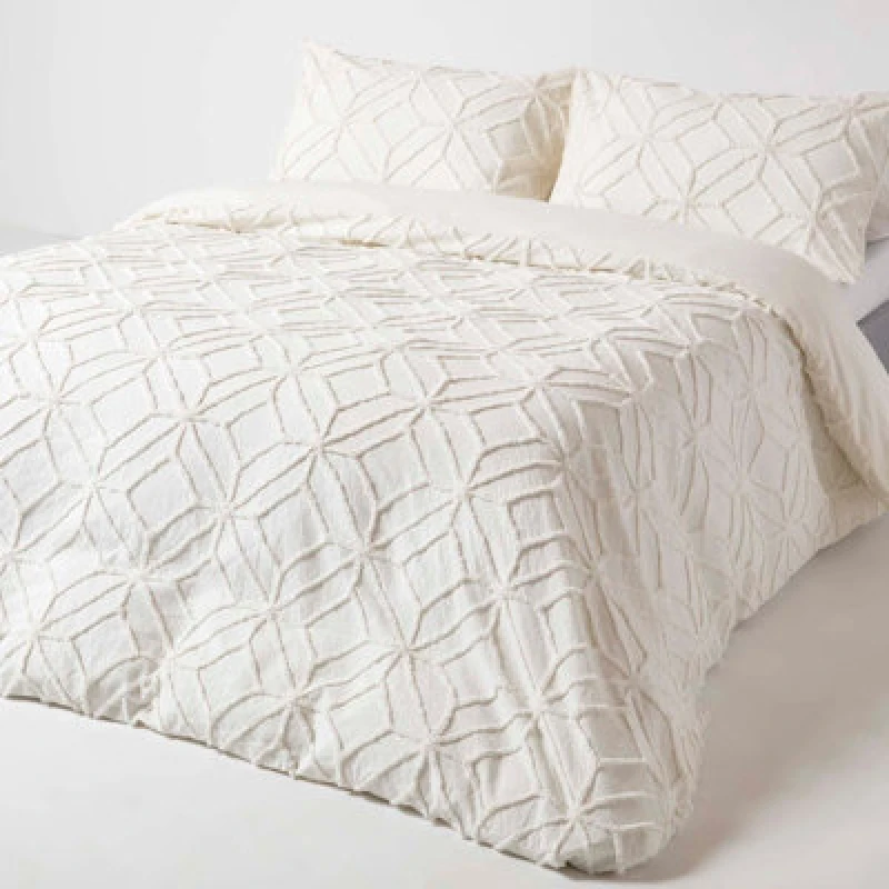Image of Homescapes White Diamond Cotton Tufted Duvet Cover Set, King