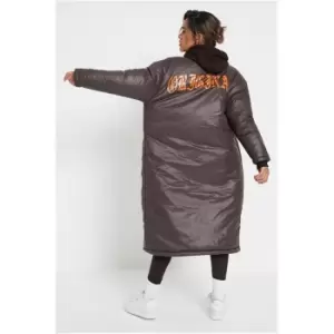 Image of I Saw It First Chocolate Maxi Length Padded Jacket With Original Printed Back - Brown