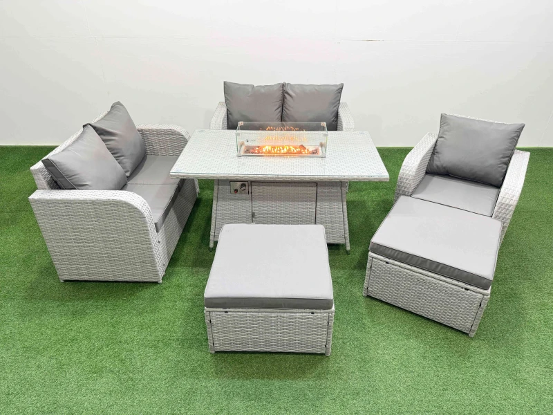 Image of Fimous High Back Poly Rattan Garden Furniture Set with Reclining Chair Loveseat Sofa Firepit Dining Table Indoor Outdoor Patio Set 2 Big Stool Light