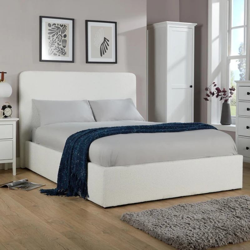 Image of HOME SOURCE Ottoman King Size 5ft Storage Gas Lift Bed Boucle Upholstery Bedroom Furniture BEDSER5BC