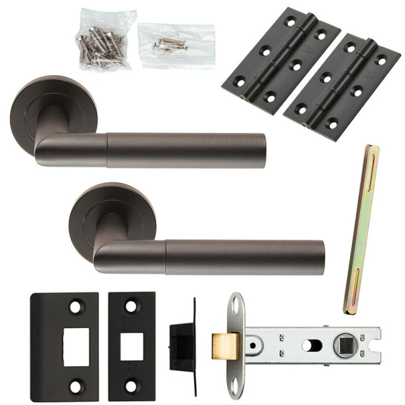Image of Loops Door Handle & Latch Pack Matt Black Knurled Mitred Lever Screwless Round Rose Black