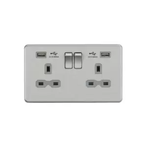 image of Knightsbridge - 13A 2G Switched Socket with Dual usb Charger (2.4A) - Brushed Chrome with Grey Insert