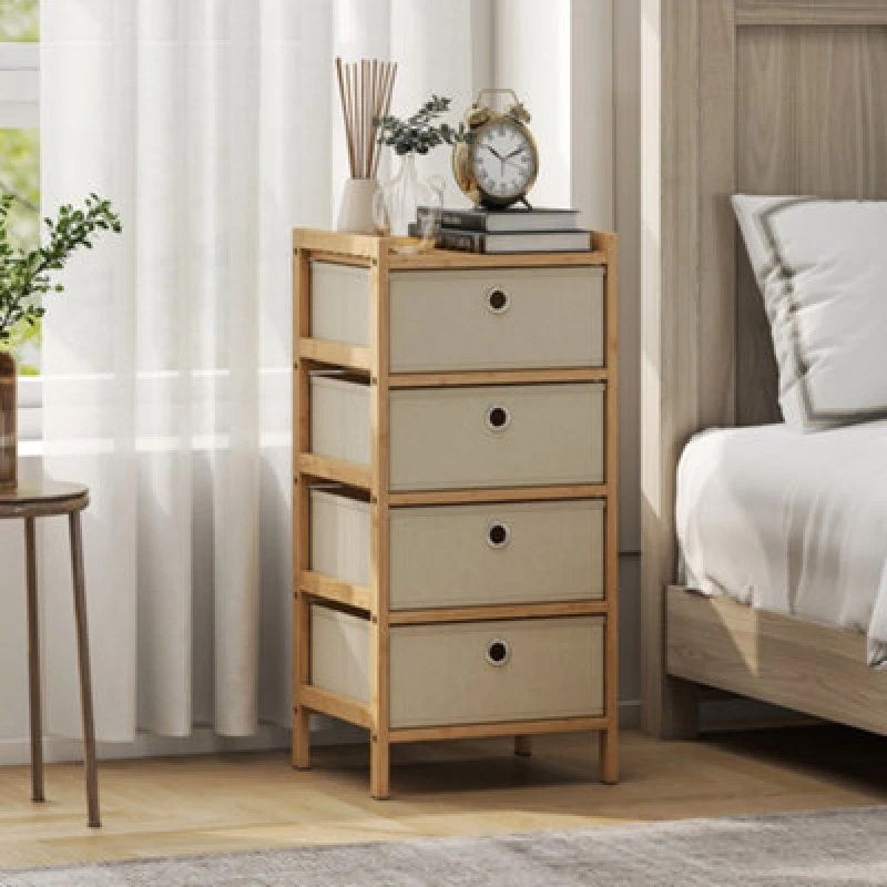 Image of Homcom Chest Of Drawers, 4 Drawers Dresser With Bamboo Frame, Cream White