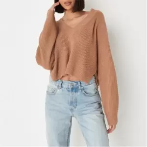 image of Missguided V Neck Crop Jumper - Beige