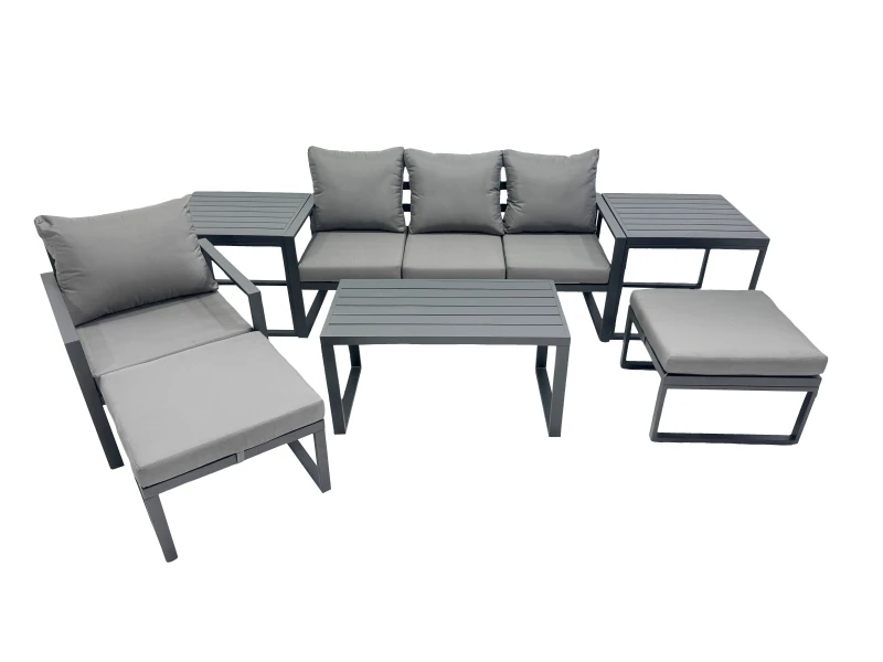 Image of Fimous 6 Seat Aluminium Lounge 3 Seat Sofa Coffee Table Sets with 2 Big Stool in Dark Grey Dark Grey Unisex