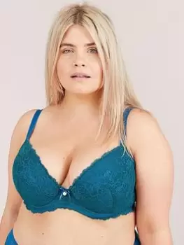 Image of Oola Tonal Lace Padded Plunge Bra, Teal, Size 46F, Women