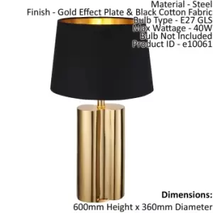 image of Table Lamp Gold Effect Plate & Black Cotton Fabric 40W E27 Bedside Light