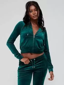 image of Juicy Couture Classic Velour Zip Up Hoodie With Diamante Branding, Green, Size XL, Women