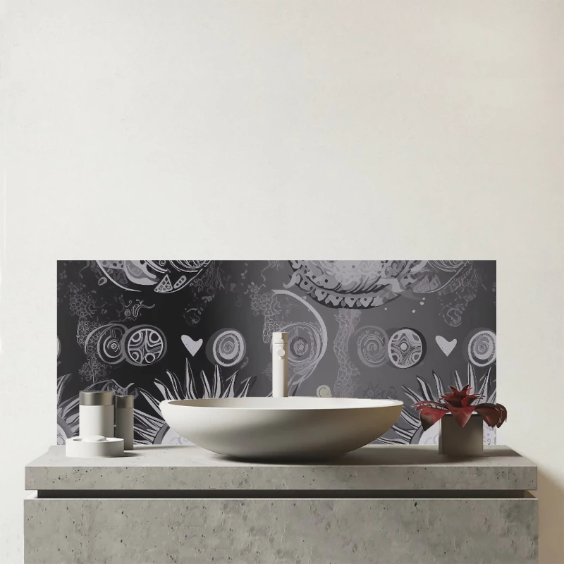 Image of Warren Reed - Designer Black Grey Abstract Sun & Moon Glass Bathroom Splashback Grey Unisex