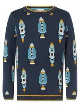 Image of Monsoon Boys Rocket Organic Knitted Jumper - Navy, Size Age: 6-12 Months