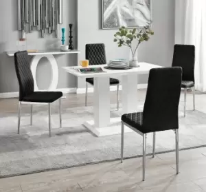 Image of Imperia 4 Seater Modern White High Gloss Rectangular Dining Table And 4 Milan Velvet Chairs