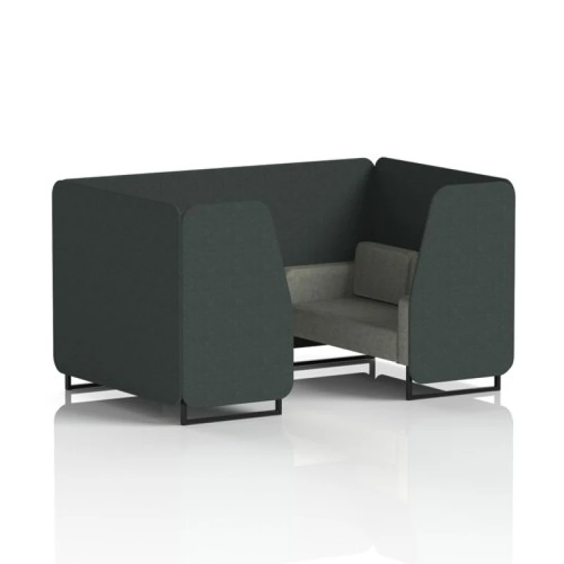 Image of Brixworth 4 Seater Office Booth with Front Panel - Black Legs in Rivet Fabric - Charcoal Panels and Vitreous Sofa