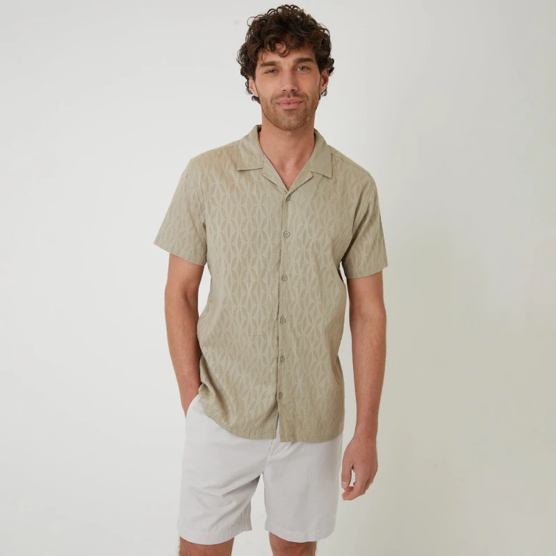 Image of Threadbare Cotton Pluck Textured Short Sleeve Shirt Stone male S