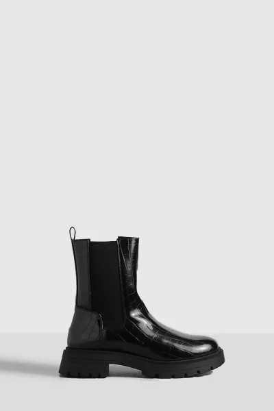 Image of boohoo Wide Fit Back Tab Croc Chelsea Boots Black