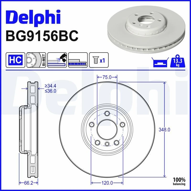 Image of DELPHI Brake disc DELPHI BG9156BC