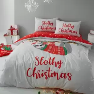 Image of Catherine Lansfield Slothy Christmas Reversible Easy Care Duvet Cover Set, Grey, Double