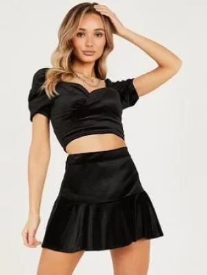 image of Quiz Velvet Frill Mini Skirt, Black, Size 6, Women