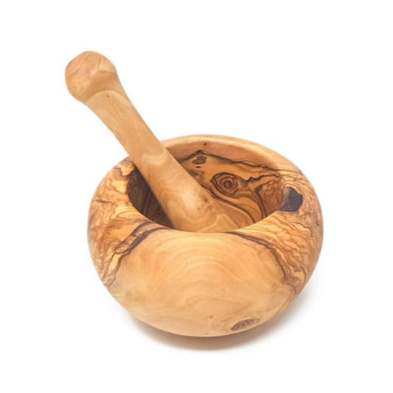 Image of Verano Spanish Ceramics Olive Wood Natural Grained Rustic Kitchen Dining Round Pestle & Mortar (Diam) 14cm Natural unisex