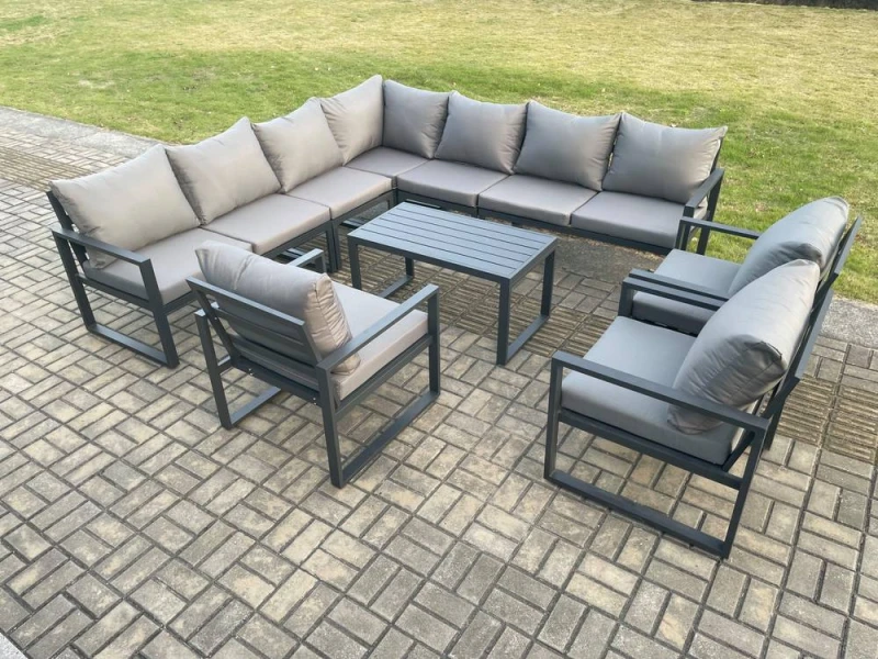 Image of Fimous Aluminium Patio Outdoor Garden Furniture Lounge Corner Sofa Set with Oblong Coffee Table 3 Chairs Dark Grey Dark Grey Unisex