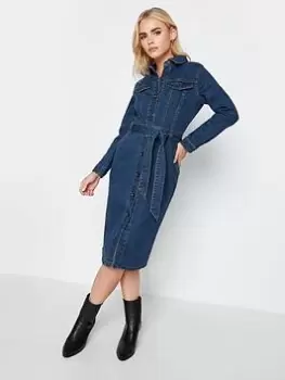 Image of PixieGirl Petite Denim Button Through Belted Dress, Blue, Size 12, Women