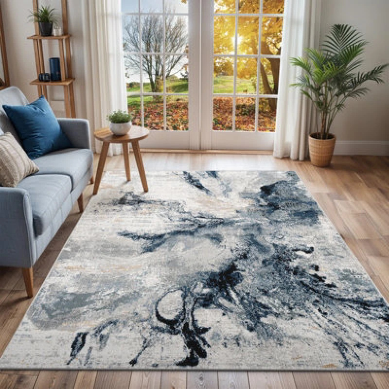 Image of Livabliss Abstract Modern Marble Dark Blue Emma Area Rug 160 X 220 Cm - Easy Care, Non Shedding, Ideal For Living Room & Bedroom