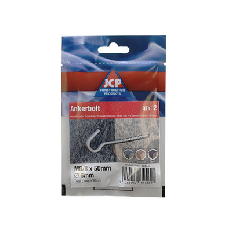 Image of Jcp Fixings Hook Bolts Bzp - 6/8 X 50mm - Fjjbjab06/08050Hook -