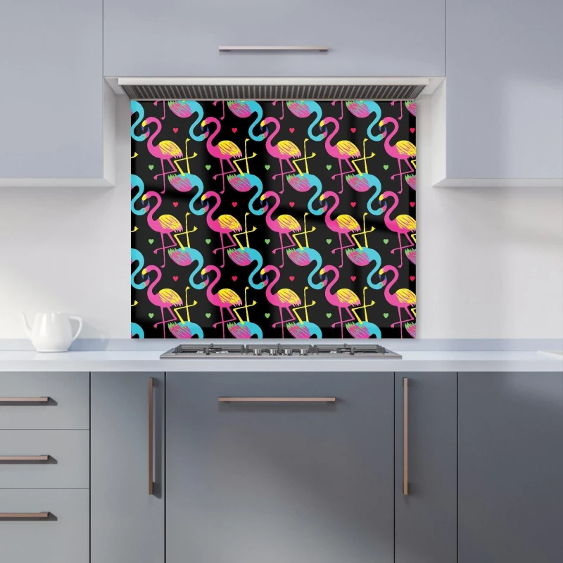 Image of Warren Reed - Designer Vivid Flamingo Pattern Kitchen Splashback in Black Size: 900mm x 650mm Black Unisex 900mm x 650mm