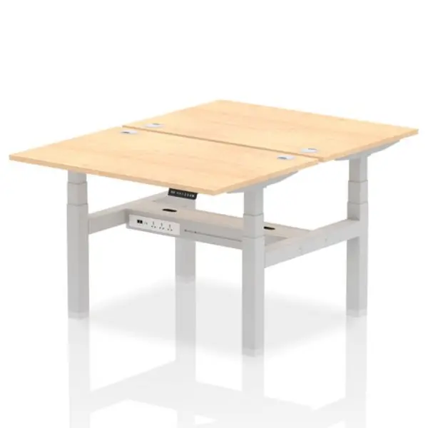 Image of Air Air Back-to-Back 1200 x 800mm Height Adjustable 2 Person Bench Desk Maple Top with Cable Ports Silver Frame HASCP2P12800MPES