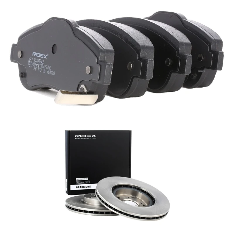 Image of RIDEX 3405B2995 Brake disc and pads set Front Axle, Brake Disc Type: internally vented, with acoustic wear warning Brake Set,disc brakes (3405)