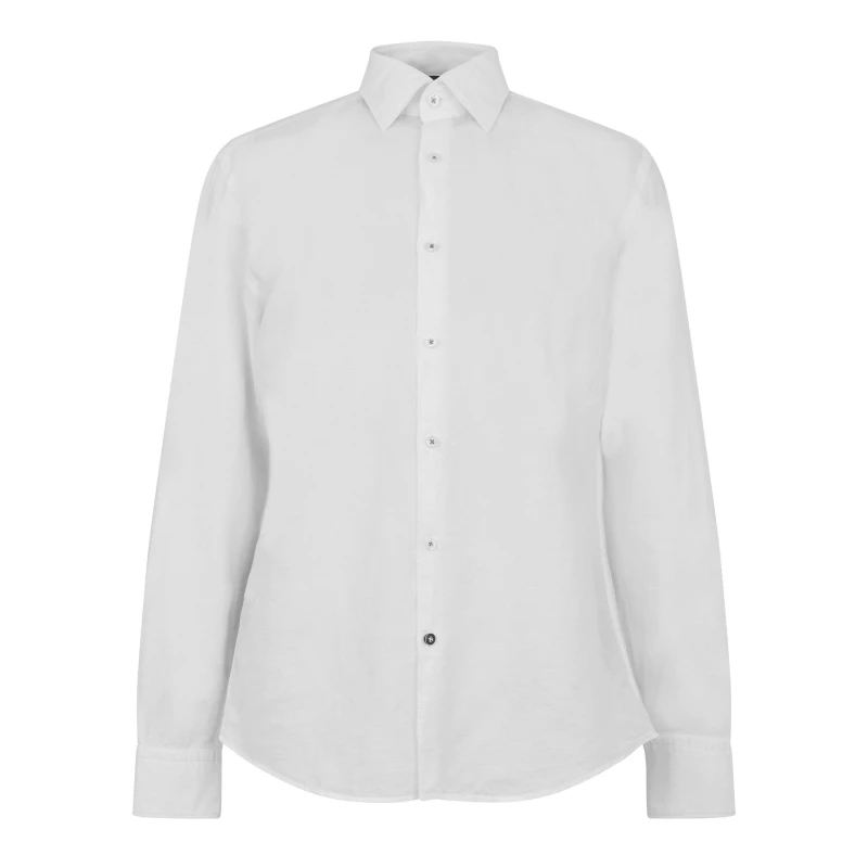 Image of Boss Mens C-HALC4 LinSht Long Sleeve Kent Collar Shirt White 100 male 15.5 inch