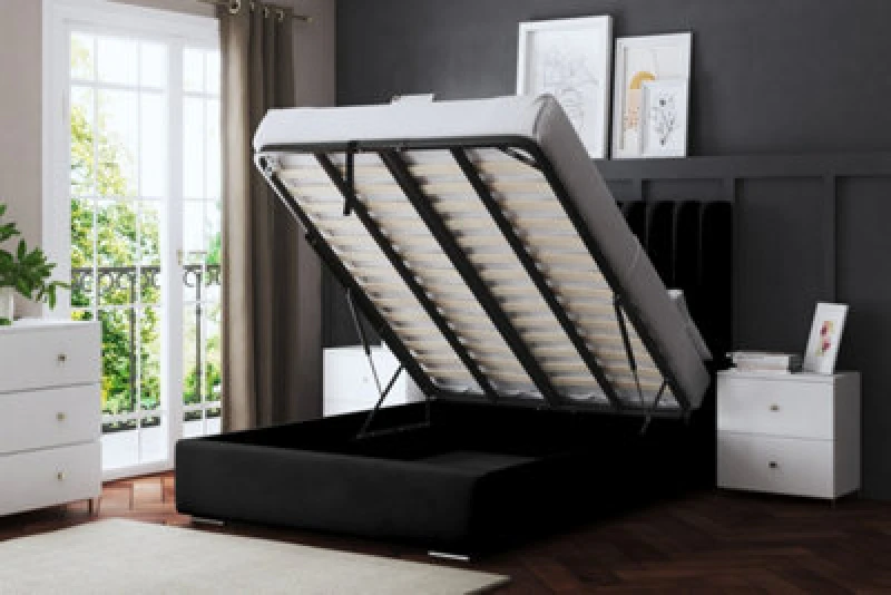 Image of DS LIVING Evangeline Black Upholstered Panel Bed With Ottoman Metal Gas Lift Single AM_TUBESOB_SIN_BLA