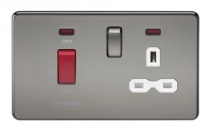 Image of KnightsBridge 45A 2G DP 230V Screwless Black Nickel Electric Switch With Neon and Socket - White Insert