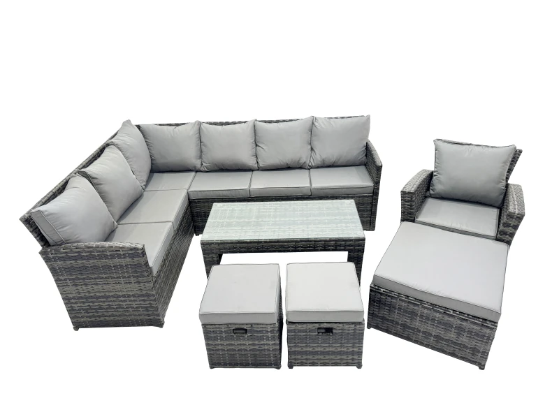 Image of Fimous 10 Seat Outdoor Oblong Coffee Table Corner Sofa Set with Stool Chair in Dark Grey Dark Grey Unisex