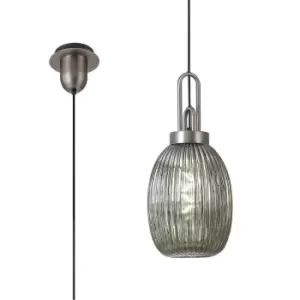 image of Yorktown Ceiling Pendant E27 20cm Almond Ribbed Glass, Smoked Antique Silver, Black