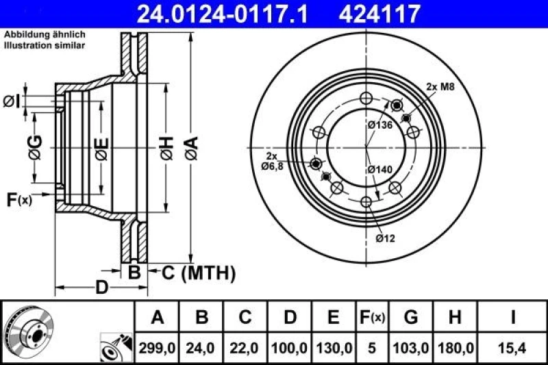 Image of ATE 24.0124-0117.1 Brake disc Vented, Coated, Alloyed/High-carbon Brake Disc (82)