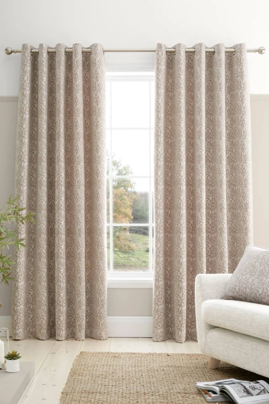 Image of Bianca 'Chenille Leaves' Lined Eyelet Curtains in Natural Size: 229cm width x 229cm drop Natural Unisex 229cm width x 229cm drop