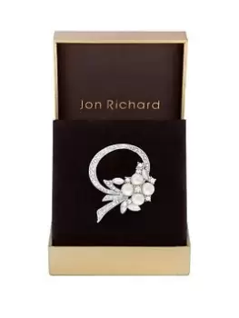 image of Jon Richard Rhodium Plated Open Bouquet Pearl And Crystal Brooch - Gift Boxed